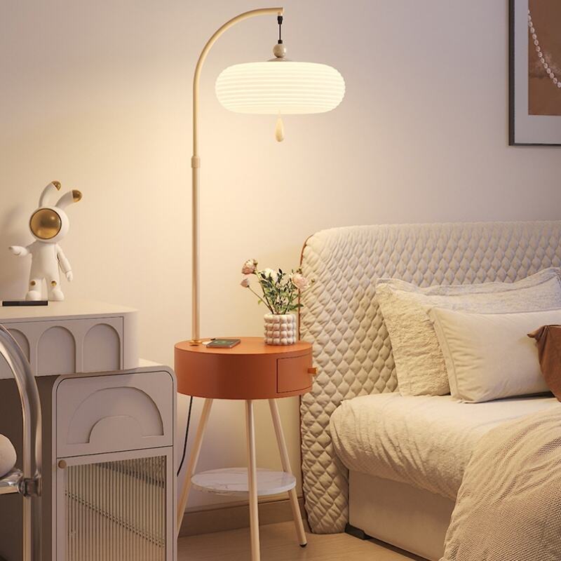 Vintage Pleated Shade Iron Wood LED Floor Lamp With Storage Tray for Bedroom Living Room Decor