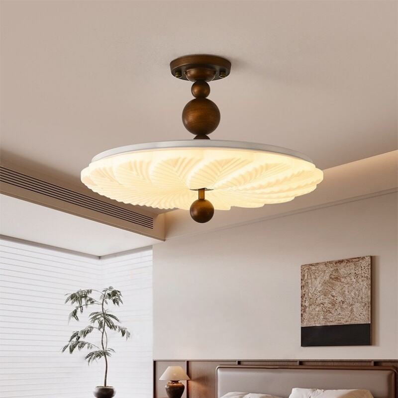 Walnut Wood Resin Leaf Shape LED Flush Mount Ceiling Light Tri-Color Dimming