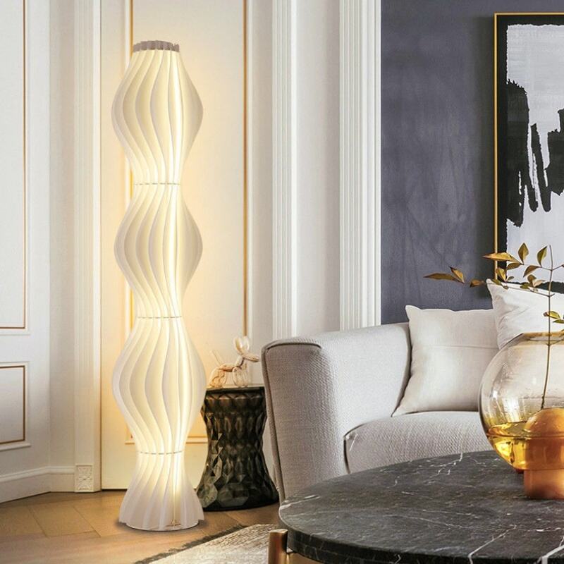 Современа подна лампа со LED светло и бранеста закривена форма, од метал и акрил со стапка-прекинувач за украс на домот