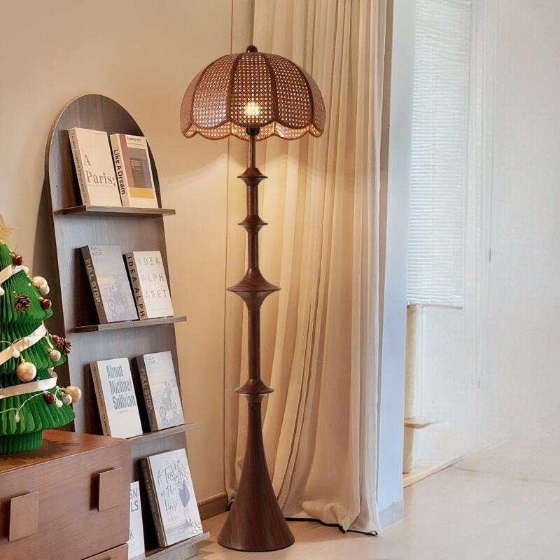 Vintage Rattan Walnut Metal Floor Lamp LED Three-Color Dimming Foot Switch 