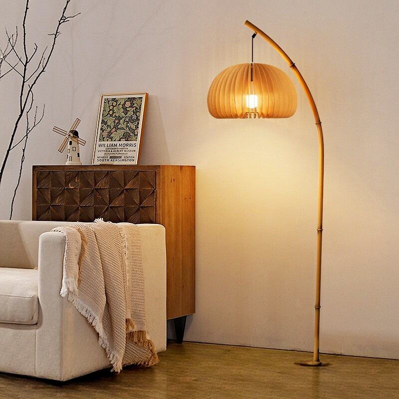 Modern Curved Yellow Wood Floor Lamp Marble Base LED Foot Switch For Home