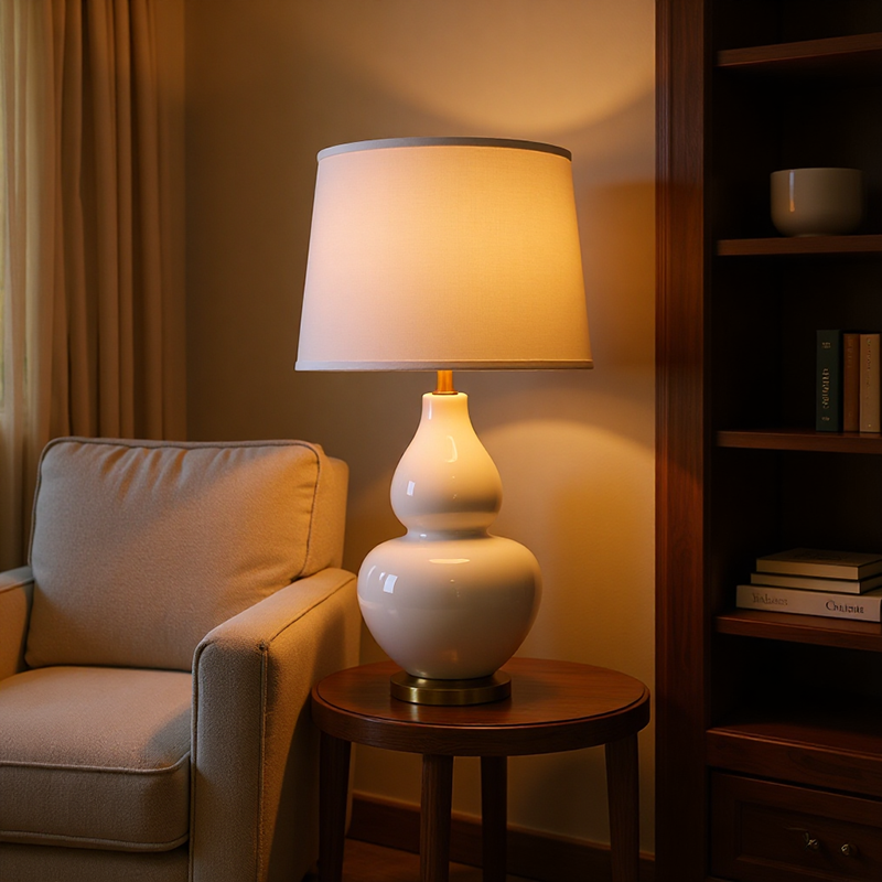 New Chinese Style White Ceramic Gourd Shaped Fabric Lampshade Home Desk Lamp