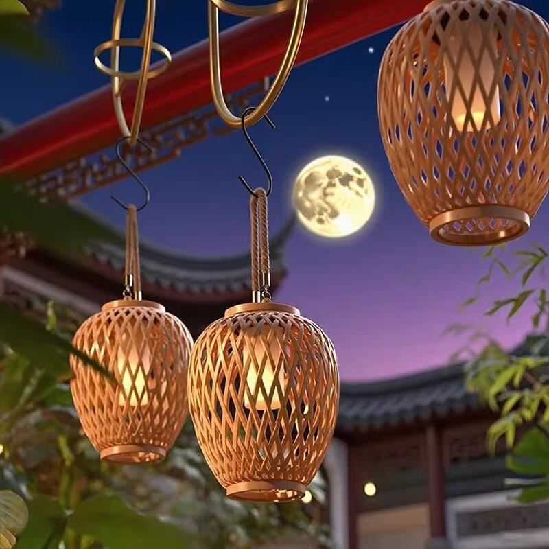IP44 Solar Bamboo Hanging Lantern LED Outdoor Light for Garden Patio Decor