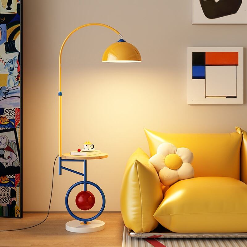 Playful Adjustable Height Iron Wood Floor Lamp With Side Table for Living Room Bedroom Decor