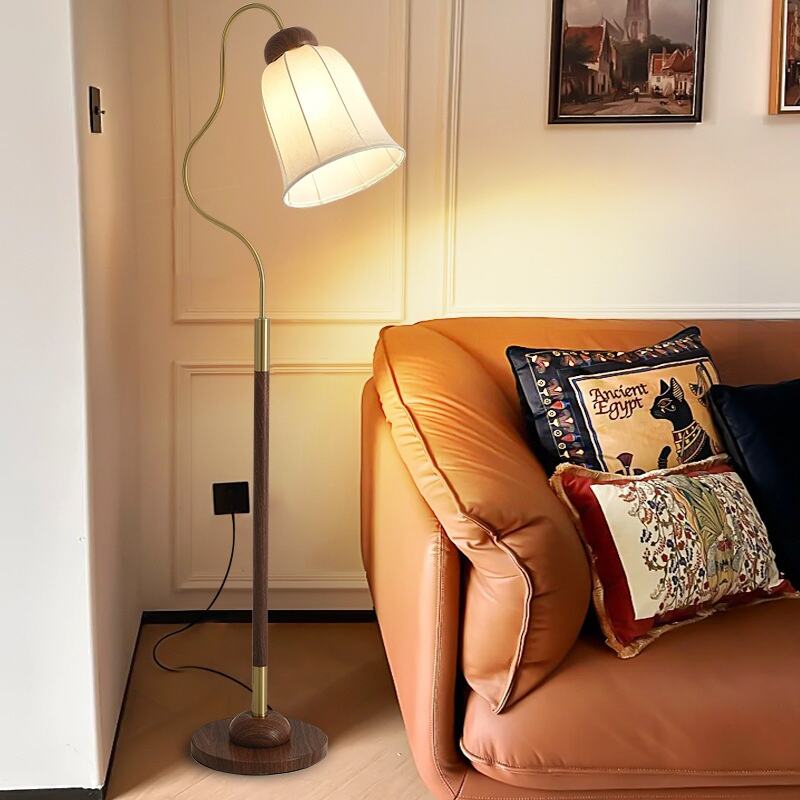 Vintage Curved Walnut Gold Floor Lamp Foot Switch Warm White For Home Decor