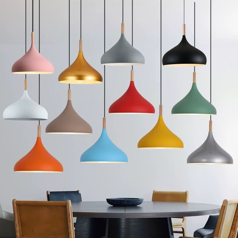 Modern Macaron Color Iron Lampshade Wood Living Room Dining Room Hanging Light