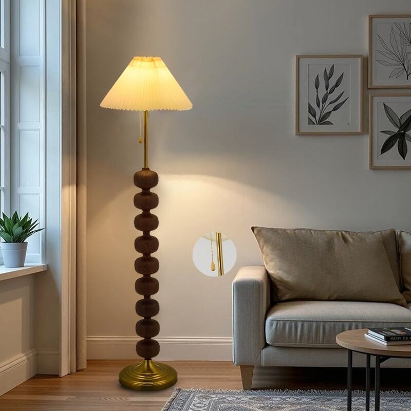 Vintage Stacked Ball Wood Metal Floor Lamp 3-Color Dimming Pull Chain for Home