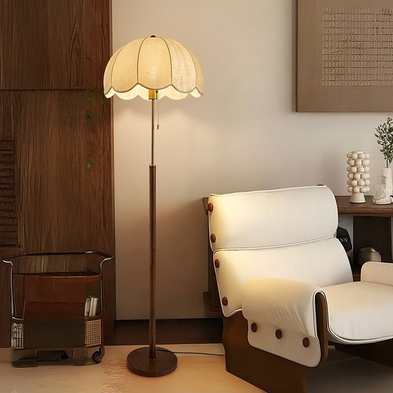 Vintage Scallop Walnut Gold Floor Lamp Foot Switch Warm White for Bedroom