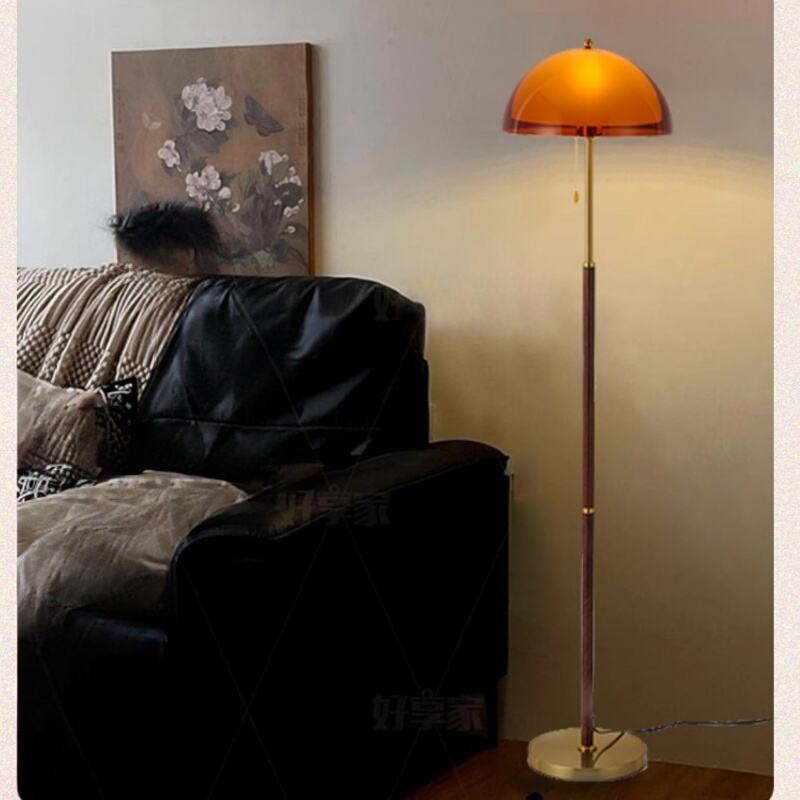 Modern Amber Dome Walnut Gold Metal Acrylic Floor Lamp Foot Switch Warm White
