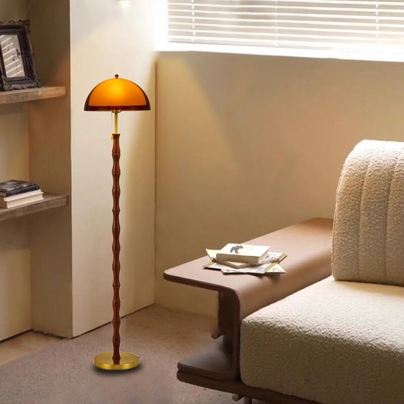 Vintage Bamboo Walnut Gold Metal Acrylic Floor Lamp Foot Switch Amber Dome Shade