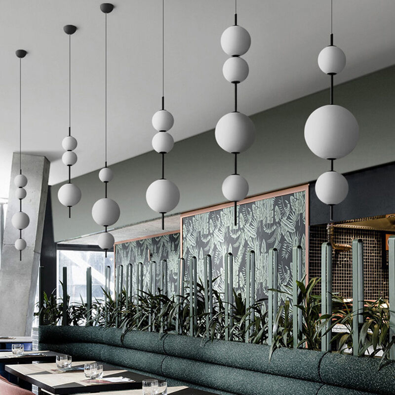 Simple Modern White Glass Ball Metal Tube LED Indoor Chandelier Pendant Light