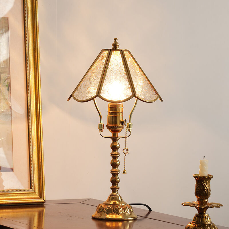 American Retro Living Room Brass Glass Flower Lampshade Zipper Switch Table Lamp