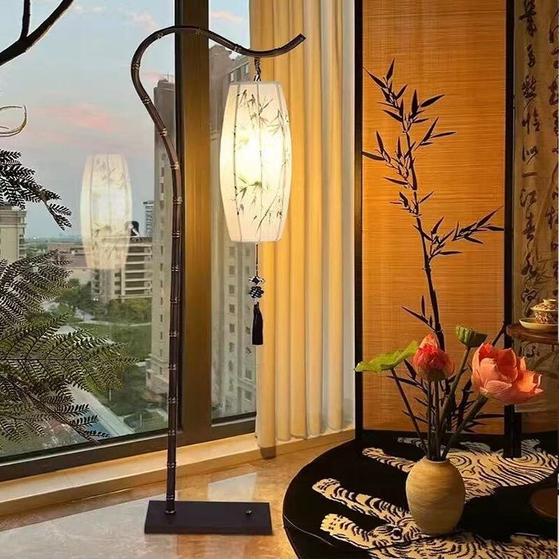 Chinese Style Bamboo Black Metal Floor Lamp Three-Color Dimming Foot Switch