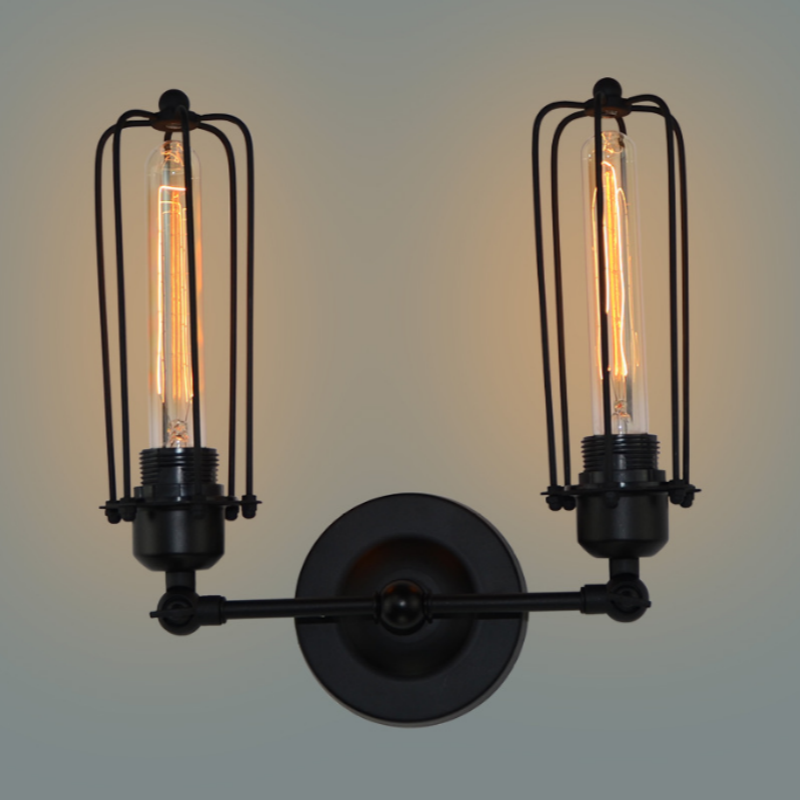 インダストリアル・ロングフルート風ビンテージ壁掛けランプ。アメリカンスタイルの田舎風アイアンケージデザイン。クリエイティブな2灯式エジソン電球対応ランプ