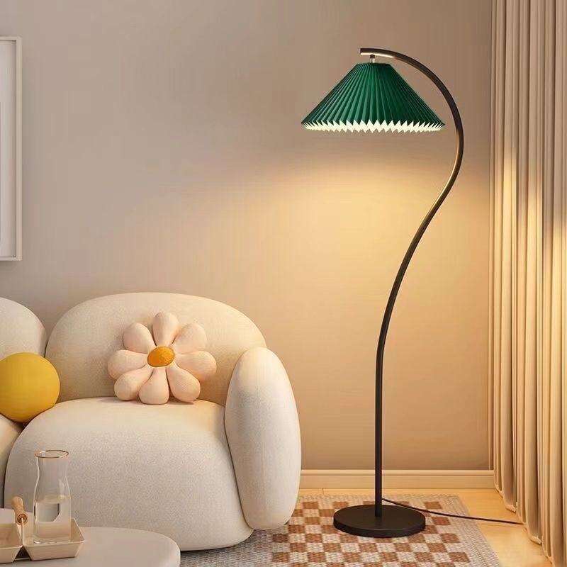 S-Shaped Iron Fabric Pleated Shade LED Floor Lamp for Living Room Bedroom Bedside Decor