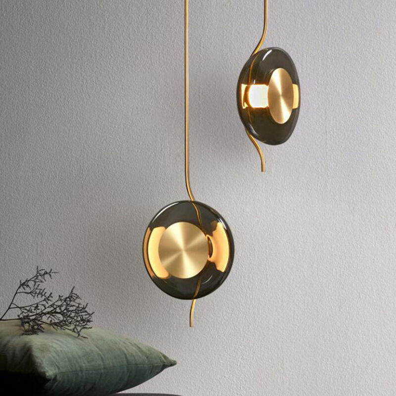 Nordic Semi-circular Gray Glass Lampshade Metal Rod Decoration LED Pendant Light