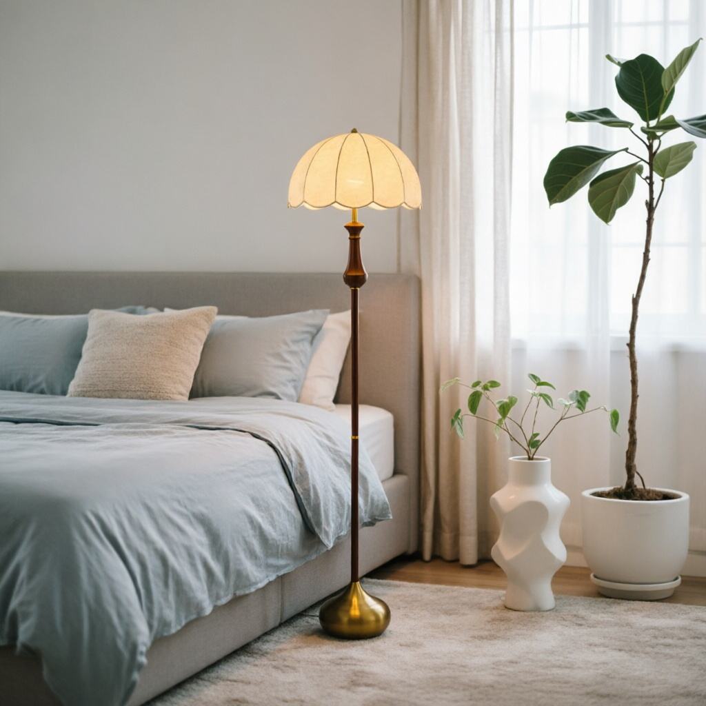 Vintage Scallop Copper Metal Floor Lamp 3-Color Dimming Foot Switch