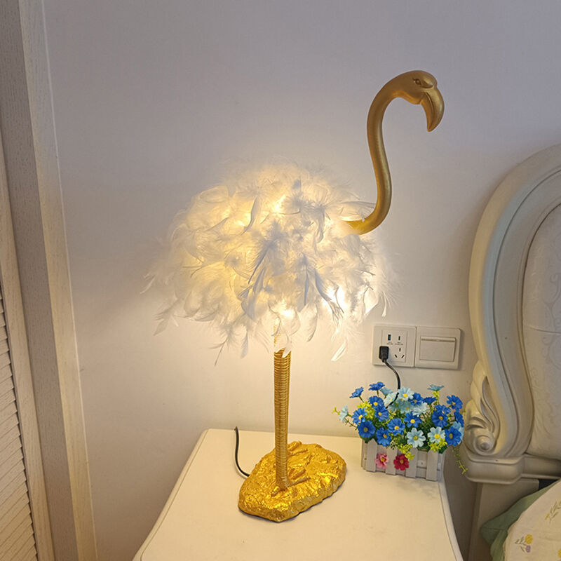 Personality Metal Flamingo Shaped Color Feather LED Bedroom Decorative Desk Lamp
