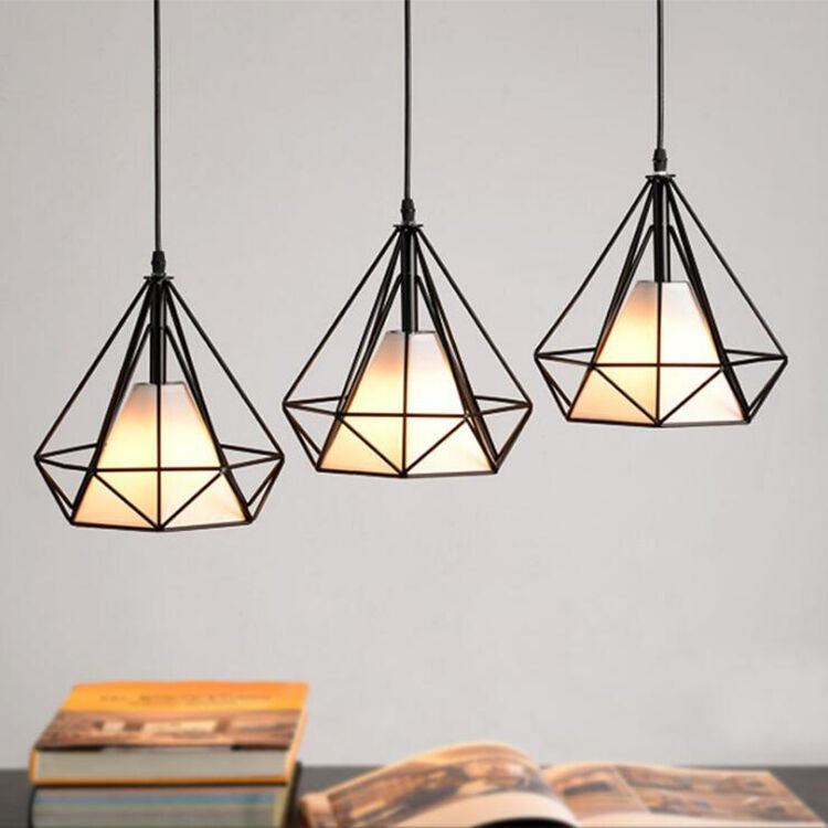Vintage Black Diamond Geometric Cage Pendant Ceiling Light Metal Single 3 Heads Hanging Lamp
