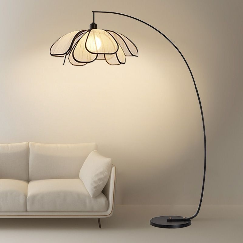 Flower Petal Shade Iron Fabric Arc LED Floor Lamp for Living Room Sofa Side Decor