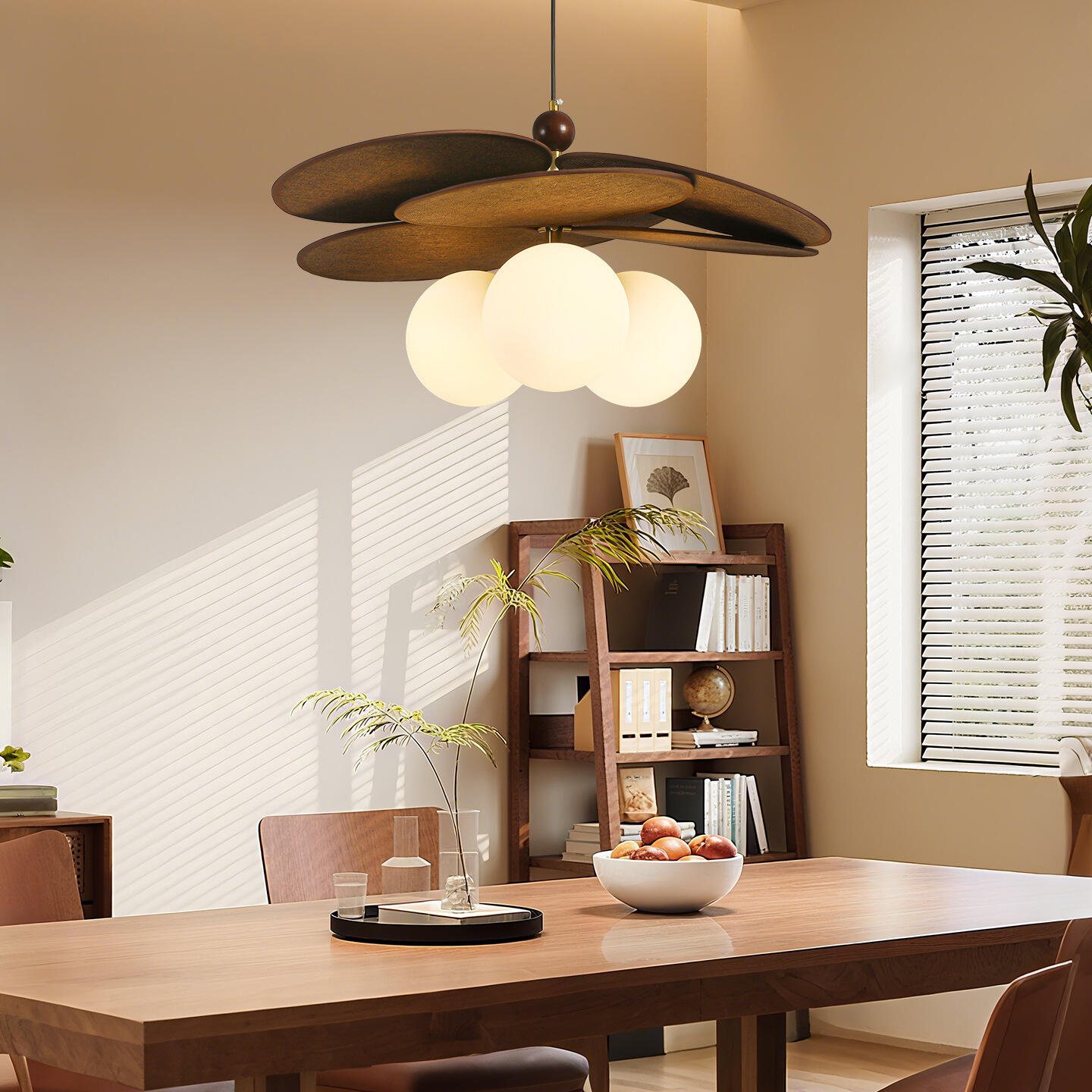 Vine woven fan leaf walnut round glass chandelier for study bedroom dining room