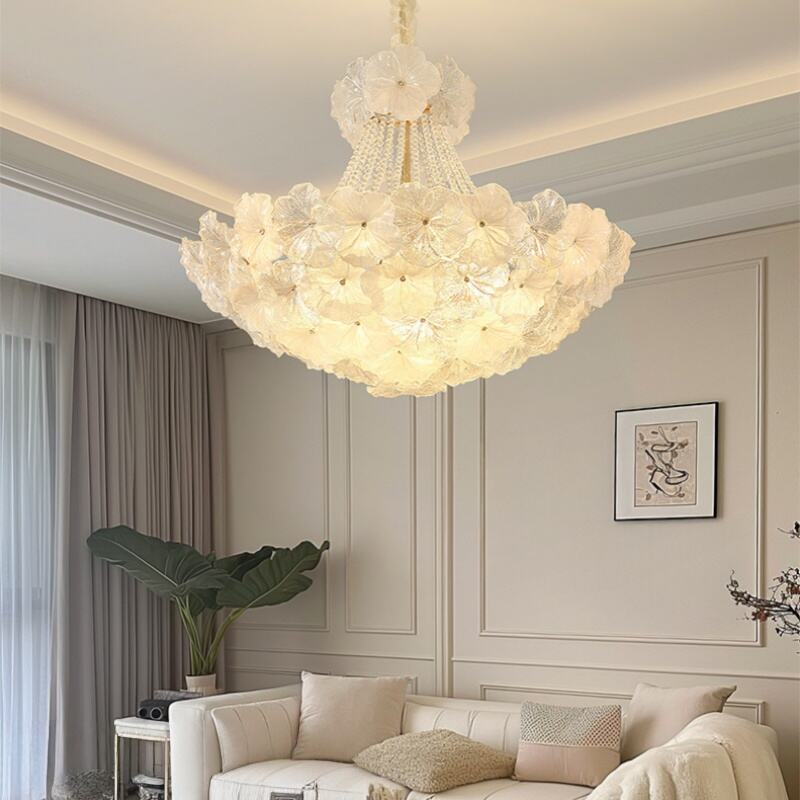 Ფრანგული კრემის ფერის ყვავილის ფორმის LED ლუსტრა, ჭერის ლუსტრა საძინებლისთვის, თანამედროვე ლუქსური განათება, საჭერო სასტუმროსთვის