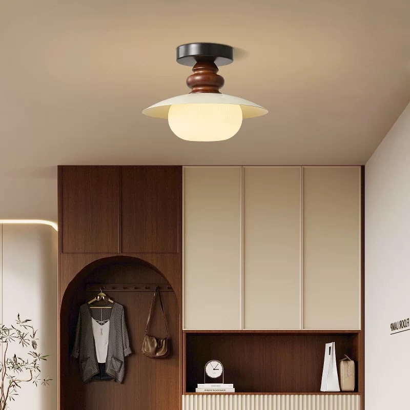Walnut Black Wood Glass LED Flush Mount Ceiling Light Tri-Color Dimming