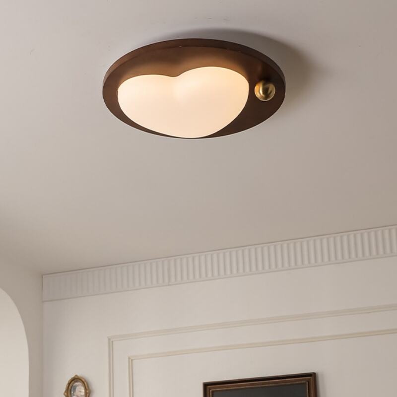 Walnut Wood Gold Heart Shape LED Flush Mount Ceiling Light Tri-Color Dimming