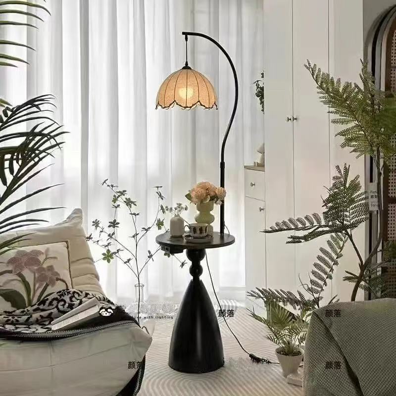 Adjustable Height Iron Wood LED Floor Lamp With Side Tray for Living Room Bedroom Decor