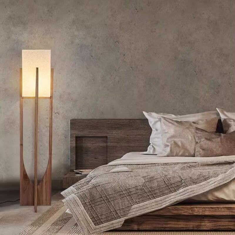 Minimalist Geometric Wood Fabric Floor Lamp Foot Switch Warm White For Home Deco