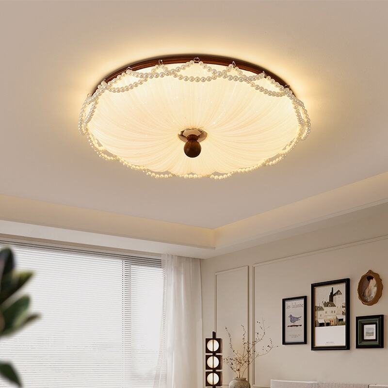 Walnut Wood Pearl Decor Round LED Flush Mount Ceiling Light Tri-Color Dimming
