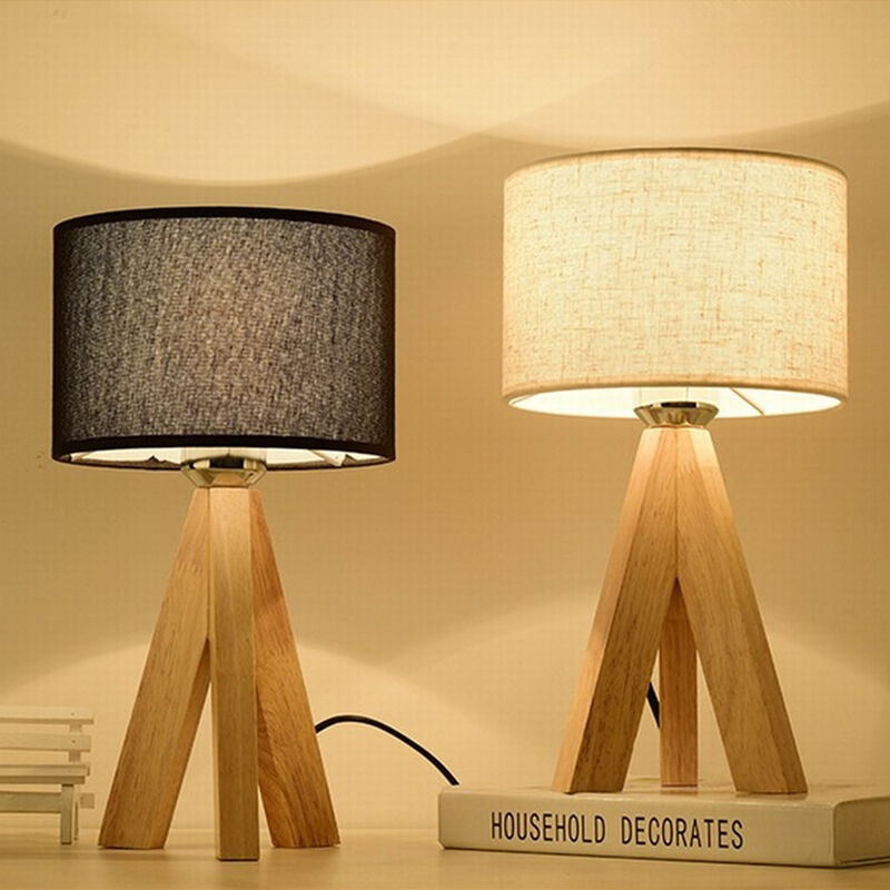 Nordic Retro Fabric Lampshade Bedroom Living Room E27 Solid Wood Desk Lamp
