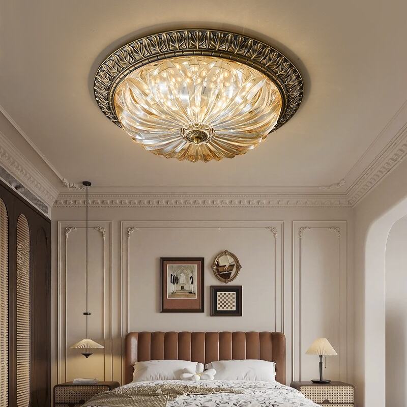 Vintage Bronze Metal Glass LED Flush Mount Ceiling Light Tri-Color Dimming