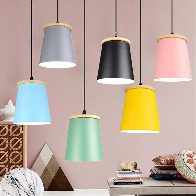 Modern Wooden Wrought Iron Colorful Macron Decoration Pendant Light for Home