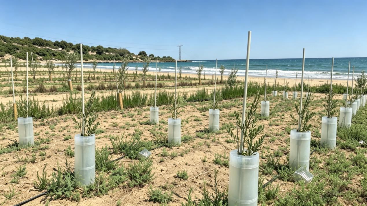 Heavy-duty solid fiberglass tree stakes installed for wind protection in coastal landscaping project.png