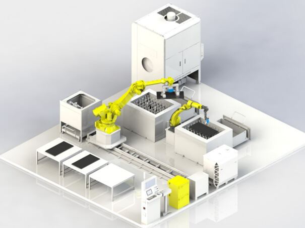 Binocular camera + laser vision system solution.Automatic loading and unloading, grinding platforms, handling robot floor mounted, plasma cutting