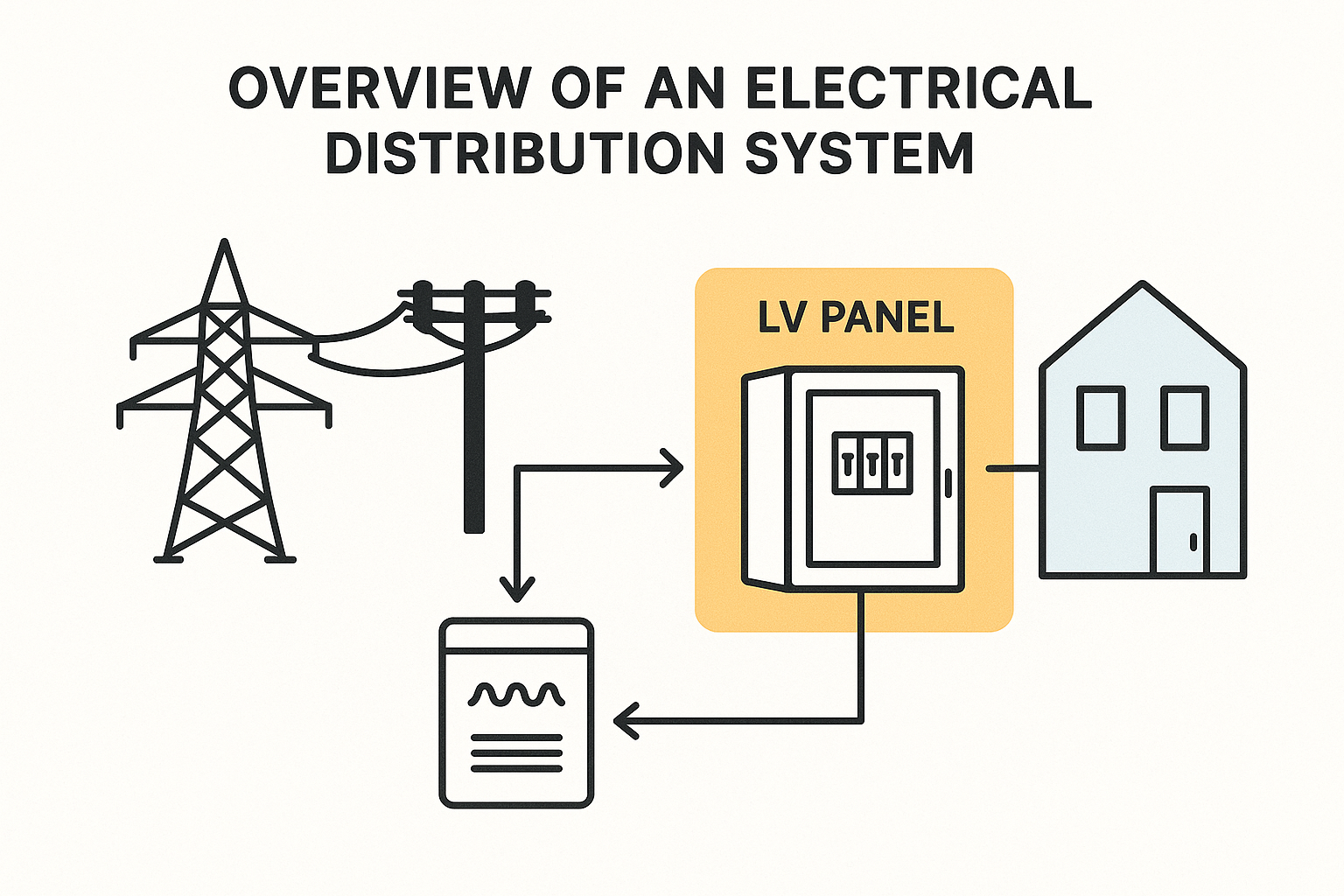 Diagram showing electricity flow from utility to building highlighting the role of a low voltage panel.