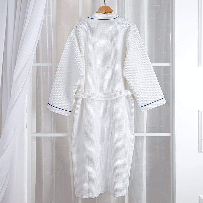 Waffle Kimono Bathrobe with Elegant Blue Piping Premium Hotel Linen Supplier Wholesale