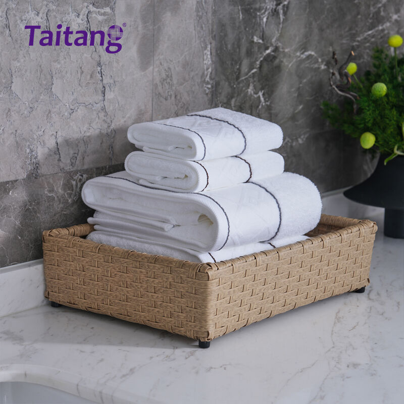 16S Pure Cotton Wholesale Hotel Towel Set with Grey-Brown Printed Stripe Hotel Bathroom Supplies