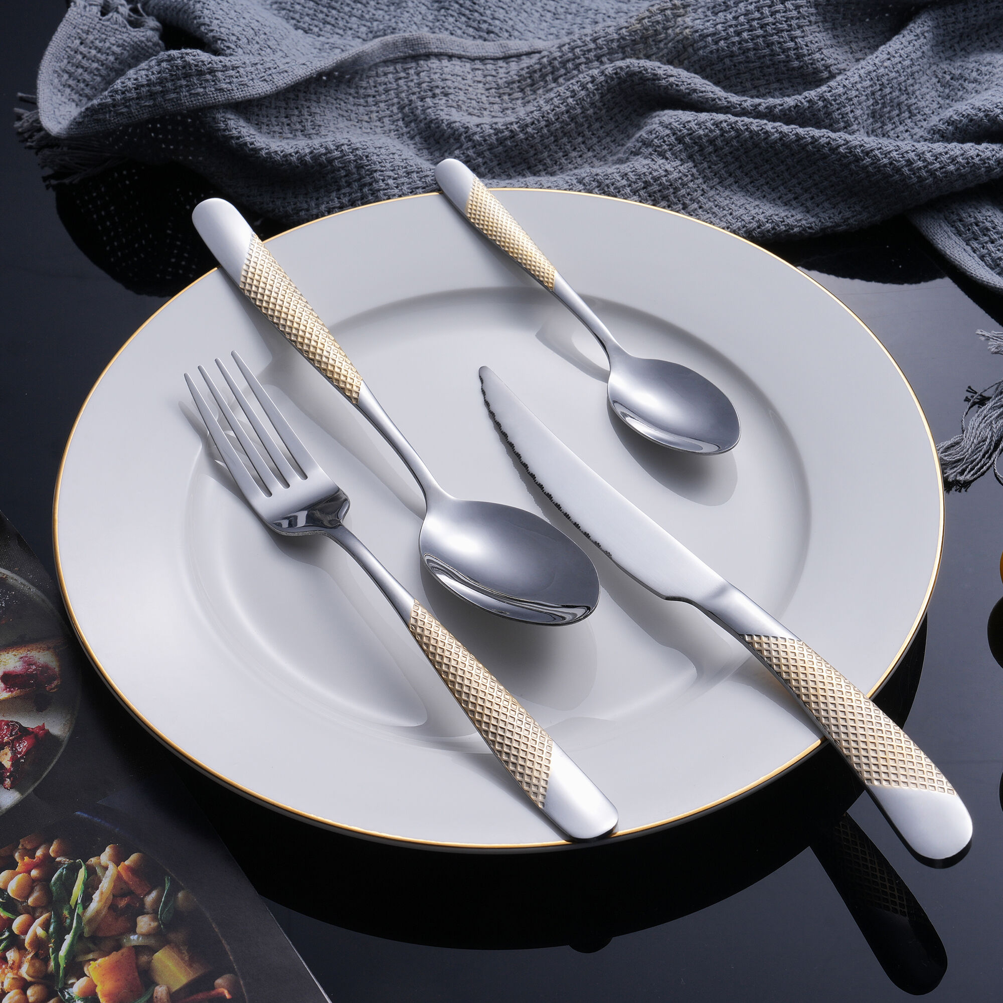 Luxury Restaurant Cutlery Set Gold Checkered Handle 201 Stainless Steel Cutlery for Hotels & Fine Dining