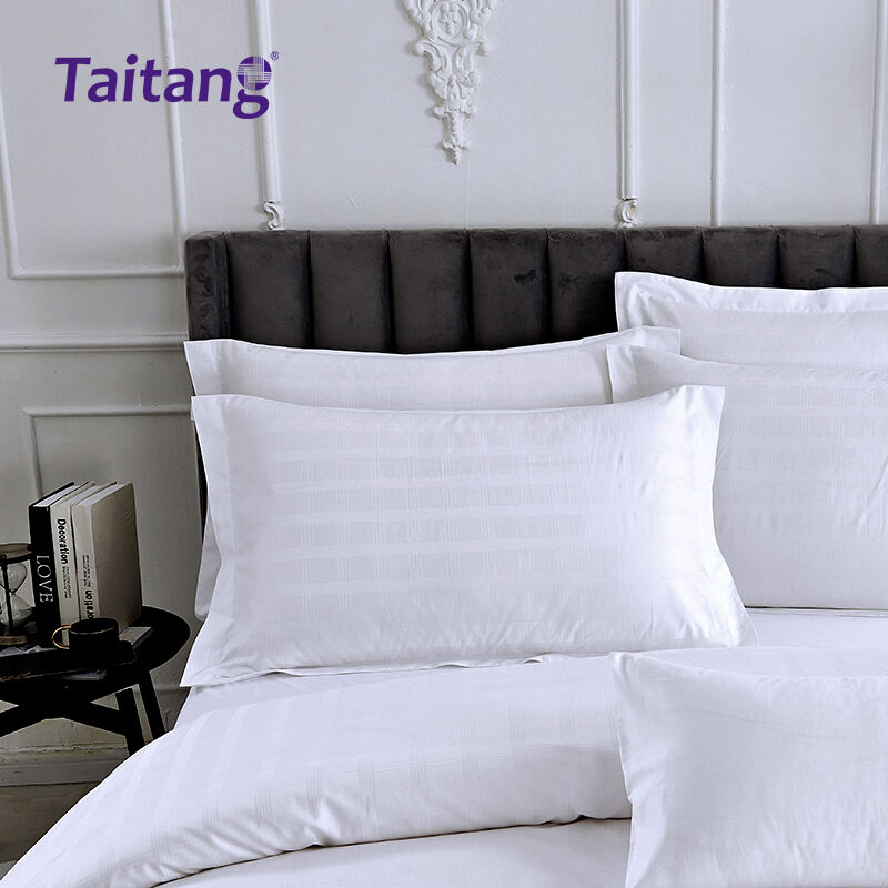 Set Seprai Hotel Mewah 300T Katun Sateen dengan Pola Jacquard Grid Empat Garis Gaya Hotel Komersial