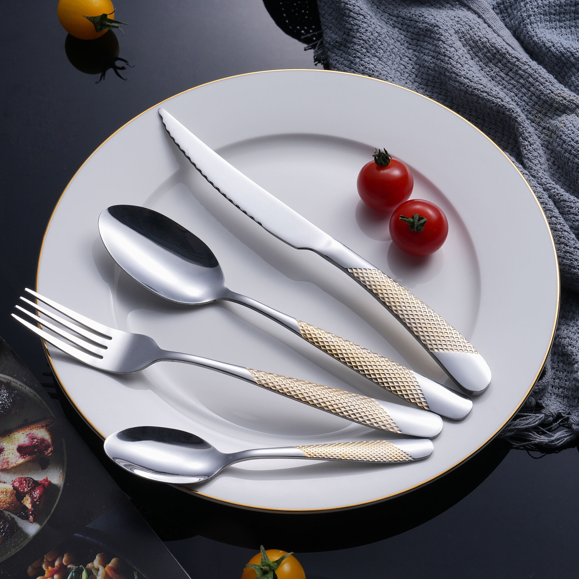 Luxury Restaurant Cutlery Set Gold Checkered Handle 201 Stainless Steel Cutlery for Hotels & Fine Dining