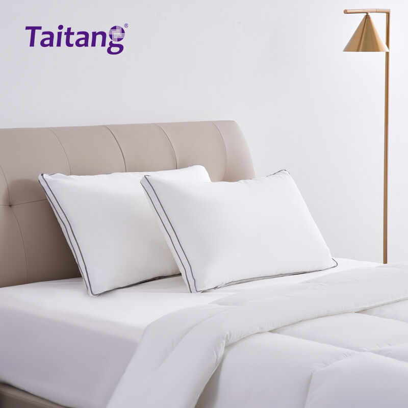 Full view of a pair of Taitang 1400G 3D double-bone piping hotel pillows neatly arranged on a bed, with a light tan headboard and a brass floor lamp in the background.jpg