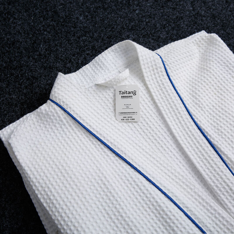 Waffle Kimono Bathrobe with Elegant Blue Piping Premium Hotel Linen Supplier Wholesale
