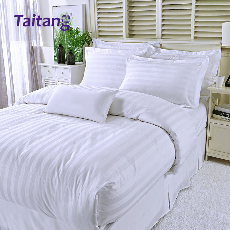 set Seprai Bergaya Hotel dari Katun Sateen 300TC dengan Pola Jacquard Garis Satin 3 cm untuk Linen Tempat Tidur Hotel Mewah di Suite Hospitality