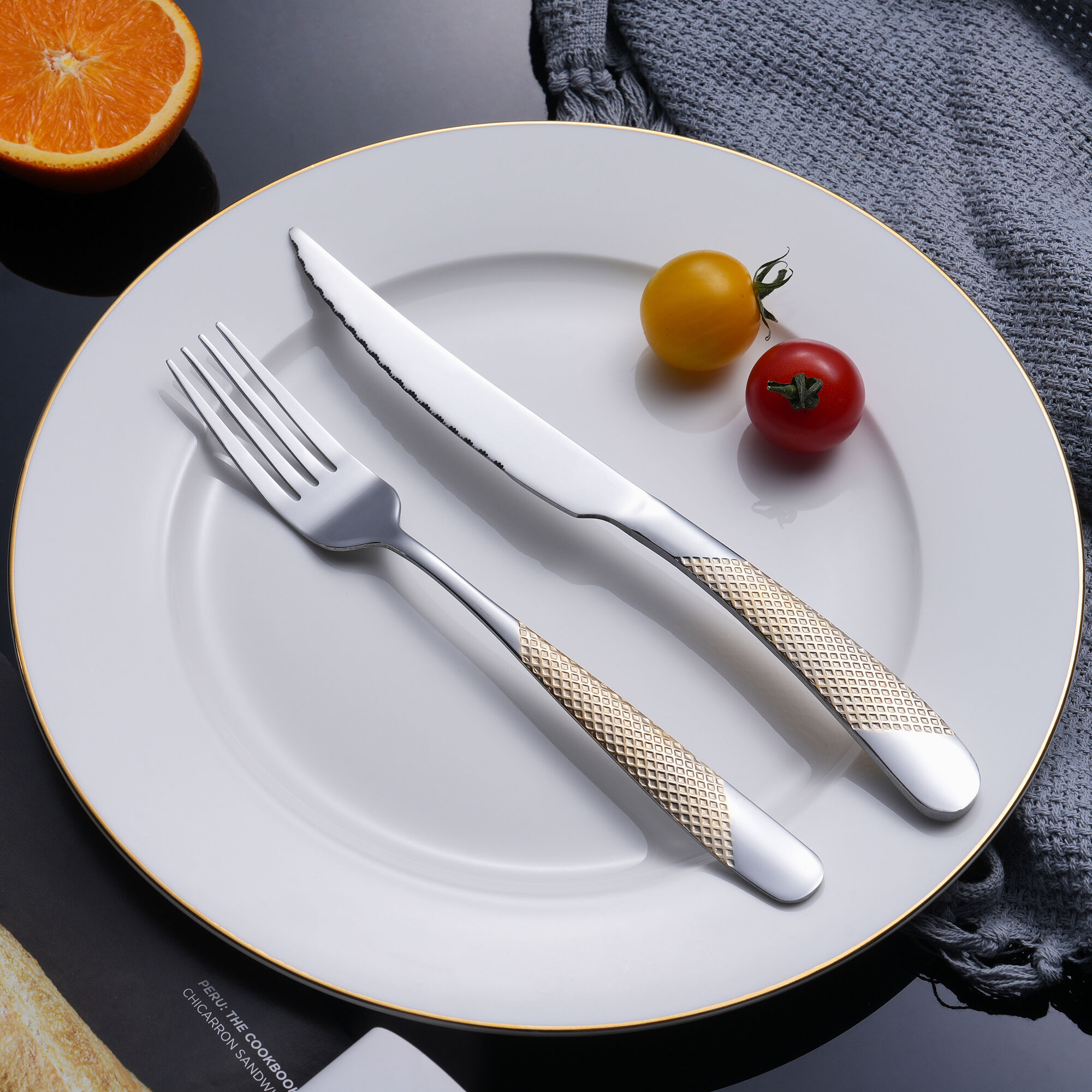 Luxury Restaurant Cutlery Set Gold Checkered Handle 201 Stainless Steel Cutlery for Hotels & Fine Dining