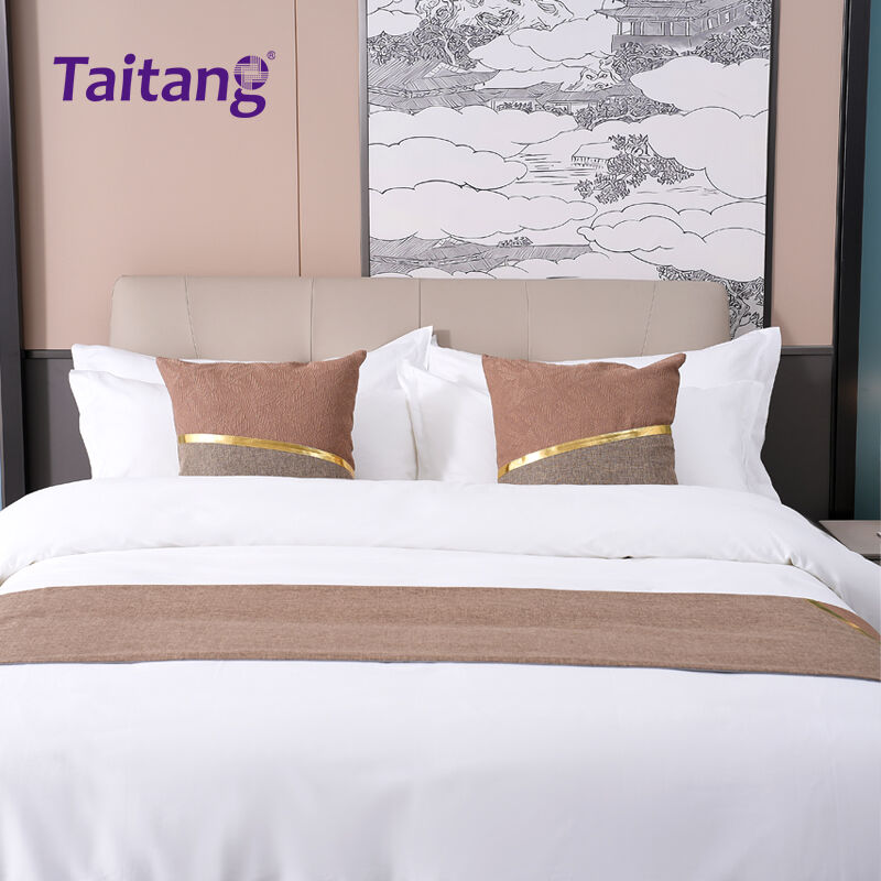 Tan Hotel Bed Runner and Decorative Throw Pillow Set Professional Hospitality Bedding Supplies