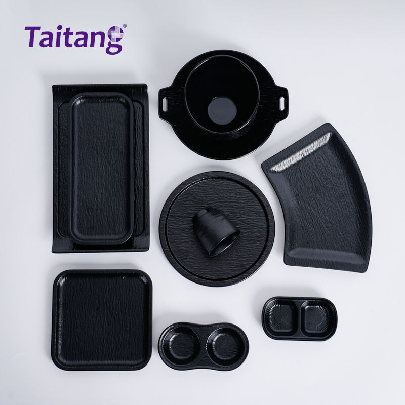 Black Stone-Texture Modern Melamine Dinnerware Sets Durable Melamine Plates and Dishes for Restaurants