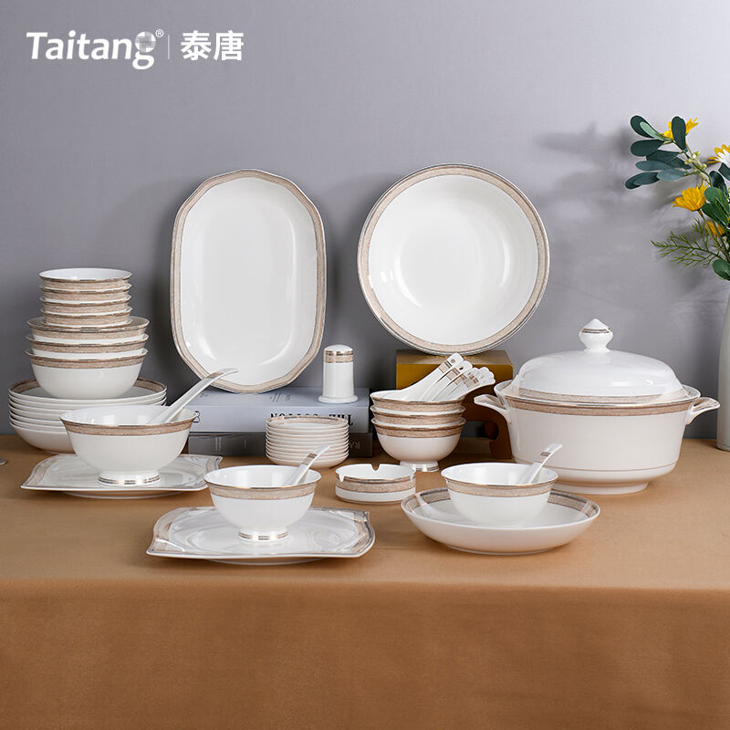 Luxury 50-Piece Bone China Dinnerware Set golden rim tableware set