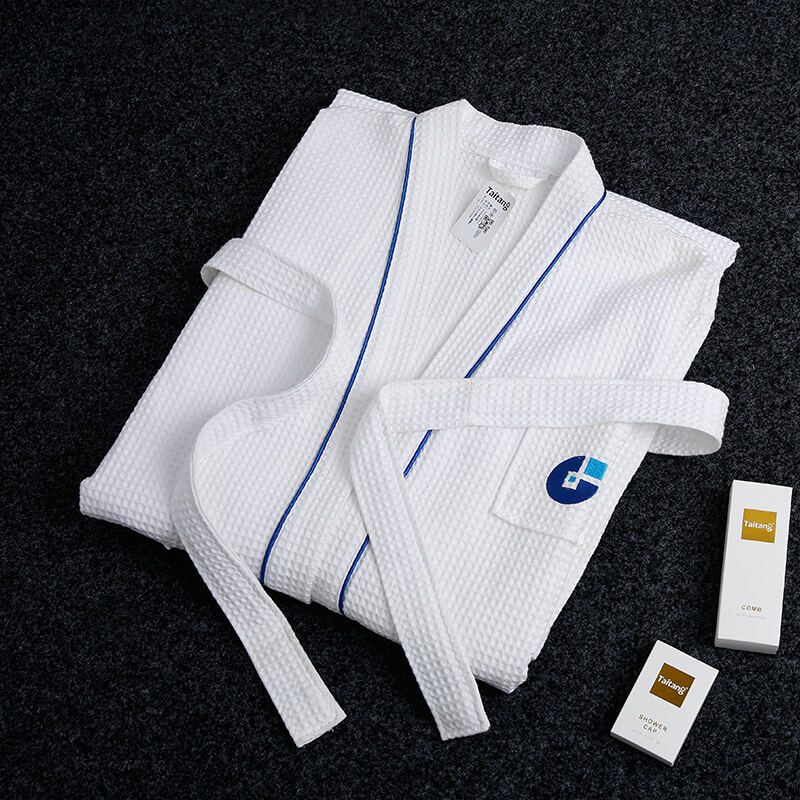 Waffle Kimono Bathrobe with Elegant Blue Piping Premium Hotel Linen Supplier Wholesale